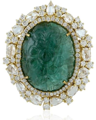 Artisan 18k Yellow Gold Carving Emerald Pave Diamond Cocktail Ring Handmade Jewelry - Multicolor