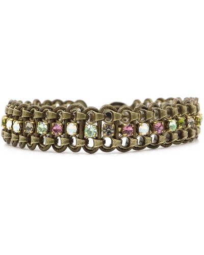 Shar Oke Mixed Crystals, Antique Brass Chain & Leather Bracelet - Green