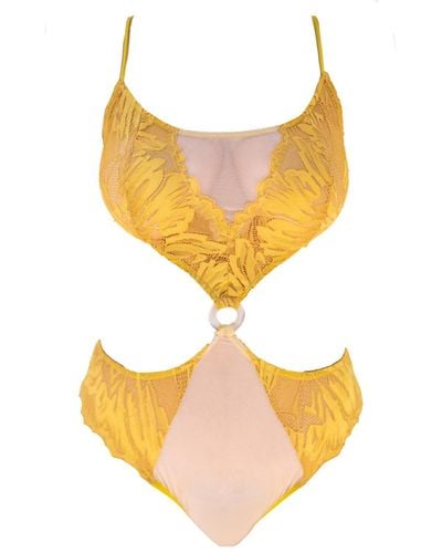 Carol Coelho Sun Coral Lace & Stretch Tulle Bodysuit With Cut Outs & Mother Of Pearl Ring - Yellow