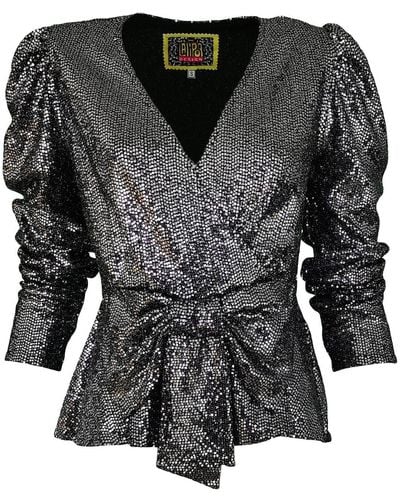 Lalipop Design Dark Silver Sequin Blouse With Peplum Hem - Black