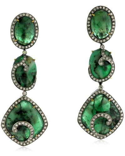 Artisan 18k Solid Gold & 925 Silver In Pave Diamond With Emerald Long Dangle Earrings - Green