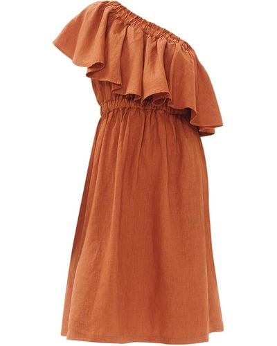 Haris Cotton One Shoulder Midi Linen Dress With Ruffle - Brown