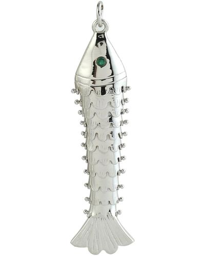 Artisan 14k White Gold With Bezel Set Emerald & Diamond Fish Design Charm Pendant - Metallic