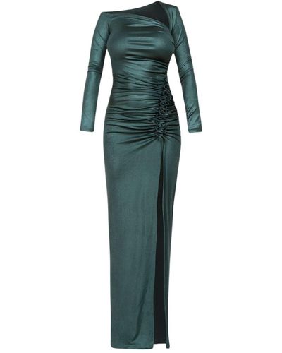 Cliché Reborn Maxi Asymmetric Long Sleeve Dress With Ruched Detail In - Green