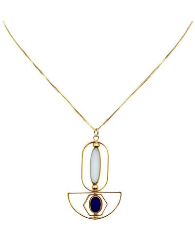 Aracheli Studio White Long Oval And Small Blue Oval Art Deco Chain Necklace - Metallic