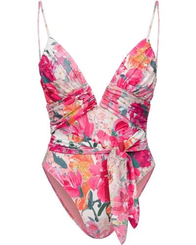 Hope & Ivy The Diana Floral Print Low Back Swimsuit With Tie Waist - Pink