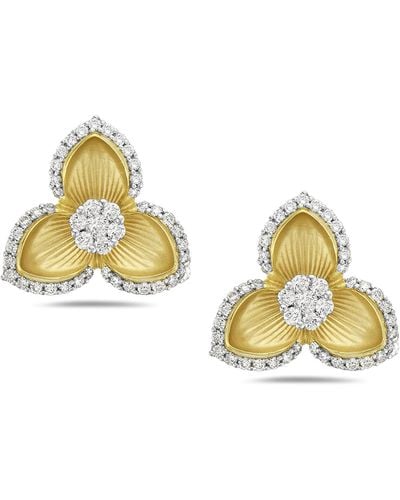 Artisan 14k Yellow Gold Engrave Three Leaf Flower Stud Earrings In Pave Diamond Jewellery - Metallic