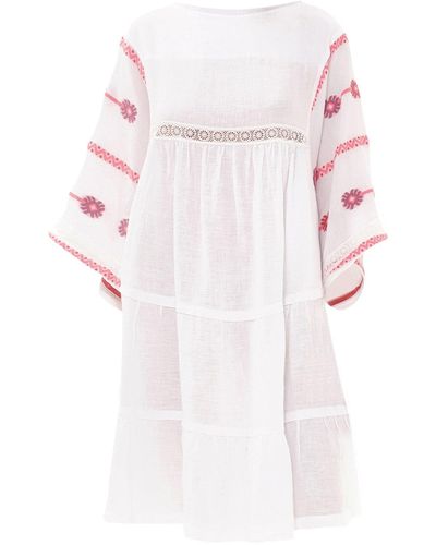 Haris Cotton Lace Insert Linen Dress With Embroidered Cotton Sleeves Fuchsia - Pink