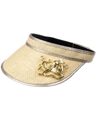 Laines London Neutrals Straw Woven Visor With Gold Metal Octopus Brooch - Metallic