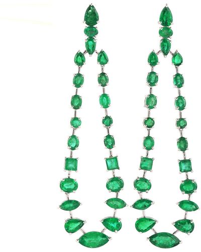 Artisan White Gold Natural Emerald Chandelier Earrings Designer Jewellery - Green