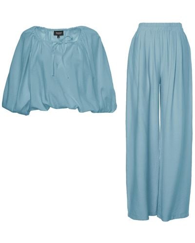 BLUZAT Bleu Linen Matching Set With Flowy Blouse And Wide Leg Trousers - Blue