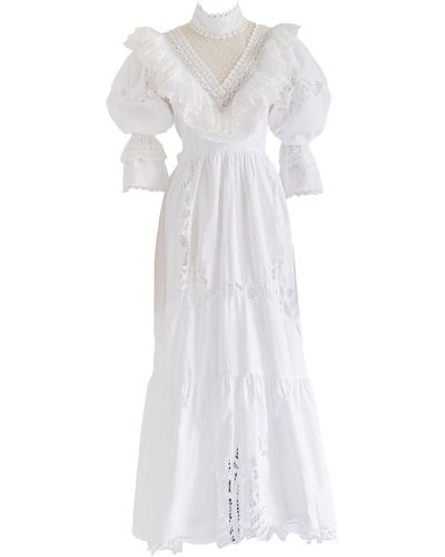 Sugar Cream Vintage Re-design Upcycled Frill Detailed V-neck Maxi Dress - White