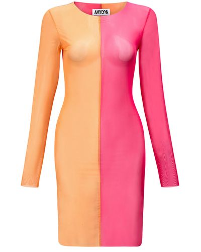 Amy Lynn Gemini Colour Block Sheer Mesh Dress - Pink