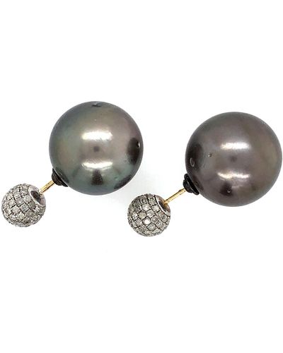 Artisan Gold Sterling Silver Double Side Earrings Pave Diamond Handmade - Metallic