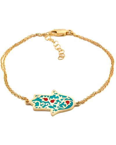 Ebru Jewelry Turquoise Enamel Floral Hamsa Hand Gold Vermeil Chain Bracelet - Metallic