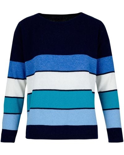 At Last Cashmere Mix Jumper In Navy With Solid Stripes - Blue