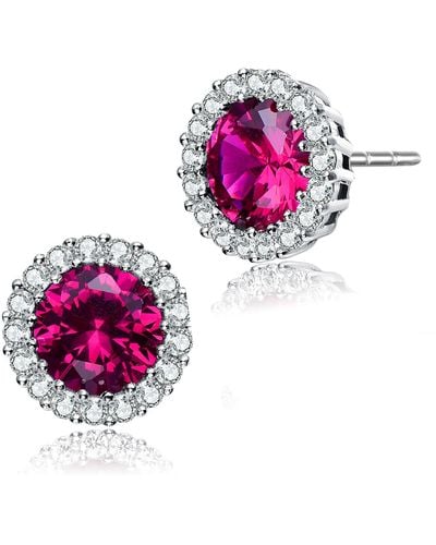 Genevive Jewelry Sterling Silver With Rhodium Plated Clear Round Cubic Zirconia With Small Clear Round Cubic Zirconia Halo Accent Stud Earrings - Purple