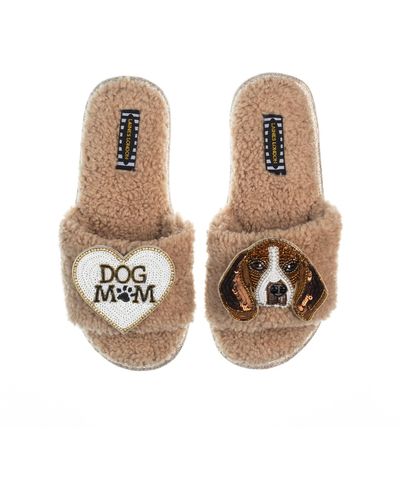 Laines London Teddy Toweling Slippers With Beagle & Dog Mum /mom Brooches - Natural