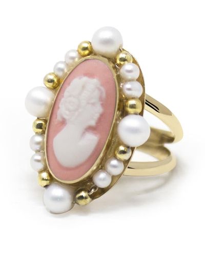 Vintouch Italy Ophelia Gold-plated Pink Cameo And Pearl Ring - Metallic