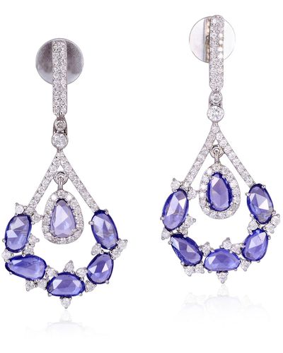 Artisan 18k White Gold With Oval Cut Blue Sapphire & Pave Diamond Designer Dangle Earrings