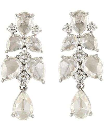 Artisan Beautiful Rose Cut Diamond In 18k Gold Drop Dangle Earrings - White