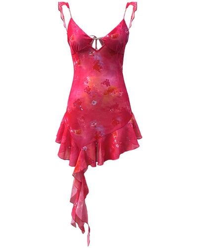 Elsie & Fred 3rd Date Sheer Pink Floral Print Ruffle Hem Sexy Mini Dress - Red