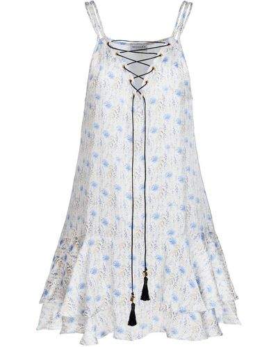 Modallica Bella Printed 100% Organic Peace Silk Mini Dress With Blue Flowers - Gray