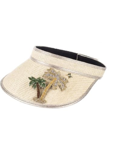 Laines London Straw Woven Visor With Couture Embellished Golden Palm Tree Brooch - Natural
