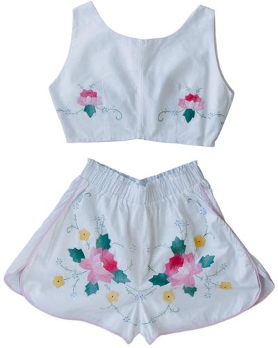 Sugar Cream Vintage Vintage Hand Embroidered Crop Top & Shorts Set In Vibrant Floral Print - Blue