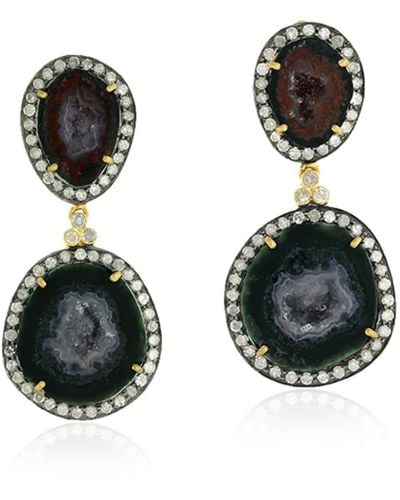Artisan Geode Dangle Earrings 18k Yellow Gold 925 Sterling Silver Jewellery - Black
