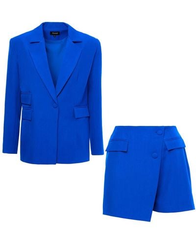 BLUZAT Electric Suit With Regular Blazer With Double Pocket And Skort - Blue