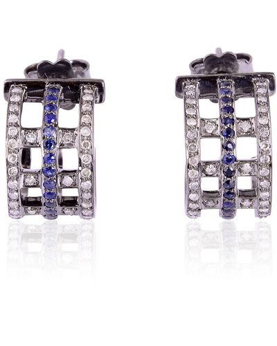 Artisan Blue Sapphire Pave Diamond 925 Sterling Silver Half Hoop Earrings Jewelry