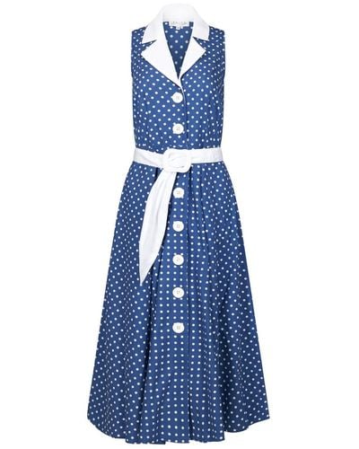 Deer You Adelaide Alluring Midi Dress In Royal Blue With White Polka Dots