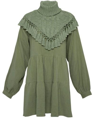 STATE OF GEORGIA The Dylan Mini 3-tiered Dress With Knitted Warmer Sage - Green