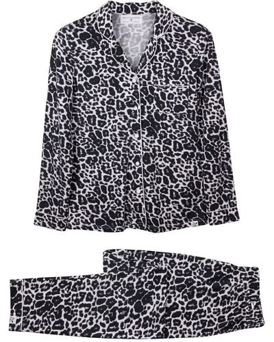 Pretty You London Bamboo Long Sleeved Trouser Pajama Set In Leopard Print - Black