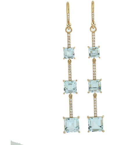 Artisan Square Aquamarine & Diamond In 18k Yellow Gold 3 Tier Earrings - Metallic