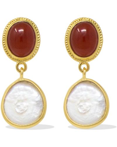 Vintouch Italy Gold-plated Carnelian & Pearl Earrings - Red