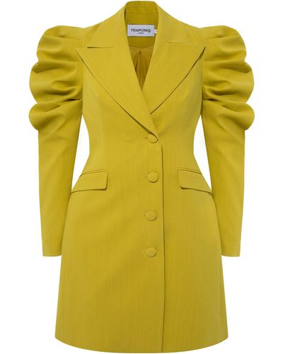 Femponiq Draped Sleeved Tailored Blazer Dress - Yellow