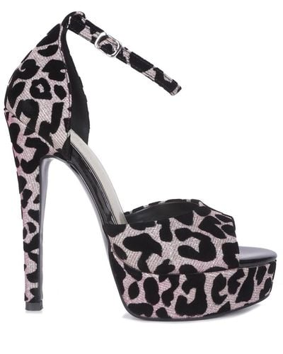Rag & Co Brigitte Pink Leopard Print Peep Toe Stiletto Sandal - Black