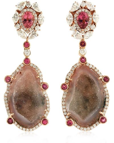 Artisan Rose Gold Diamond Tourmaline Geode Earrings Handmade - Brown