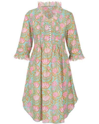 At Last Annabel Cotton Tunic In Aqua With Flowers - Pink