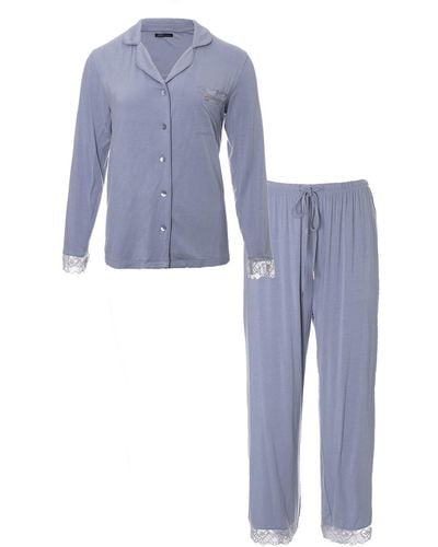Pretty You London Bamboo Lace Pajama Set In Mist - Blue