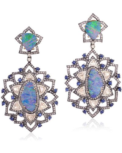 Artisan Opal Doublet Sapphire Diamond 18k Gold 925 Sterling Silver Dangle Earrings Jewelry - Blue