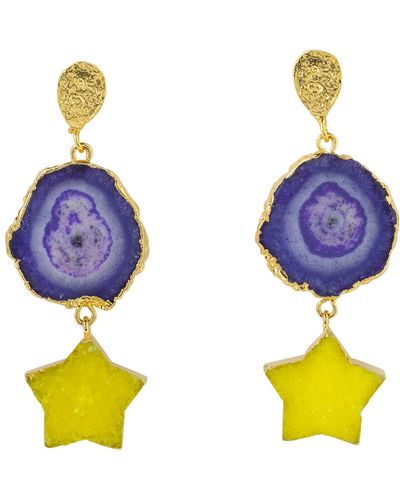 YAA YAA LONDON 'night Sky' Purple Yellow Star Gold Gemstone Statement Earrings - Blue