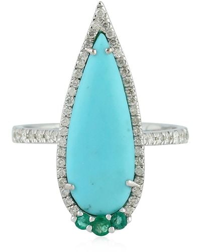 Artisan 18k Gold Ring With Turquoise Emerald & Pave Diamonds Handmade Jewelry - White