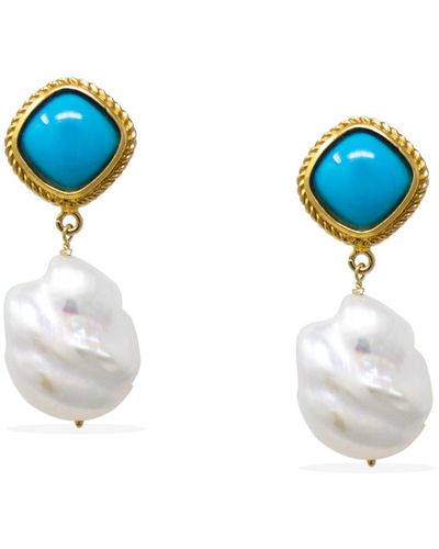 Vintouch Italy Incanto Solid Gold Turquoise And Pearl Earrings - Blue