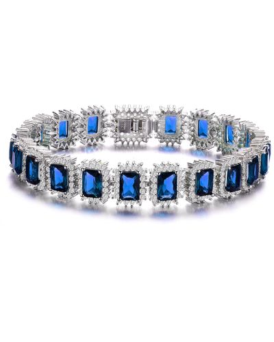 Genevive Jewelry Sterling Silver With Blue Sapphire & Diamond Cubic Zirconia Rectangular Halo Cluster Link Vintage Tennis Bracelet