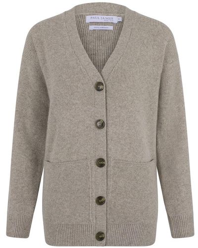 Paul James Knitwear Neutrals S Lambswool V Neck Ribbed Layla Cardigan With Pockets - Grey