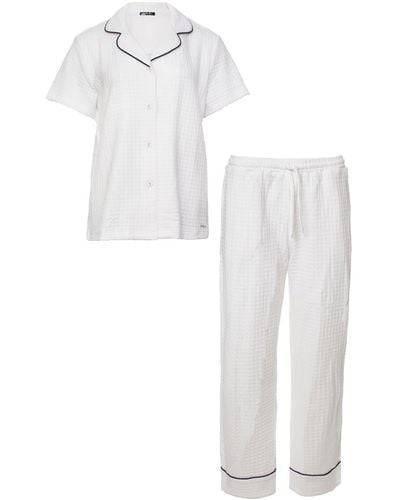 Pretty You London Luxury Suite Waffle Short & Shirt Trouser Set In - White