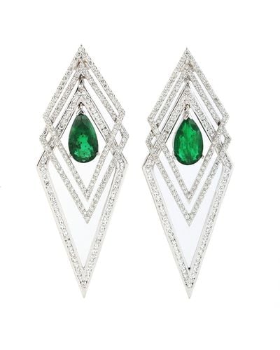 Artisan Pear Cut Emerald & Pave Diamond In 18k White Gold Kite Dangle Earrings - Green